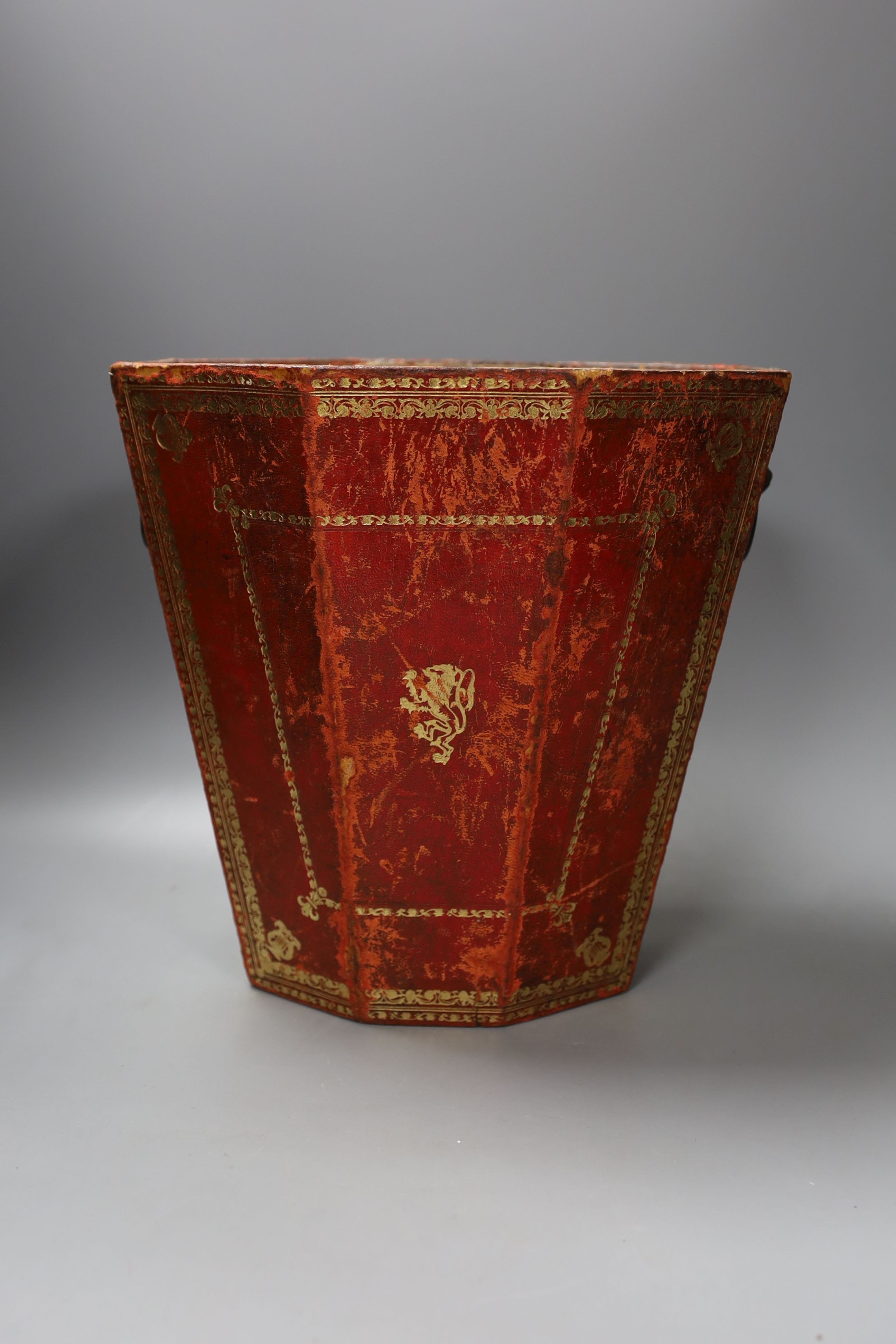 A tooled red leather waste paper basket - 30cm tall